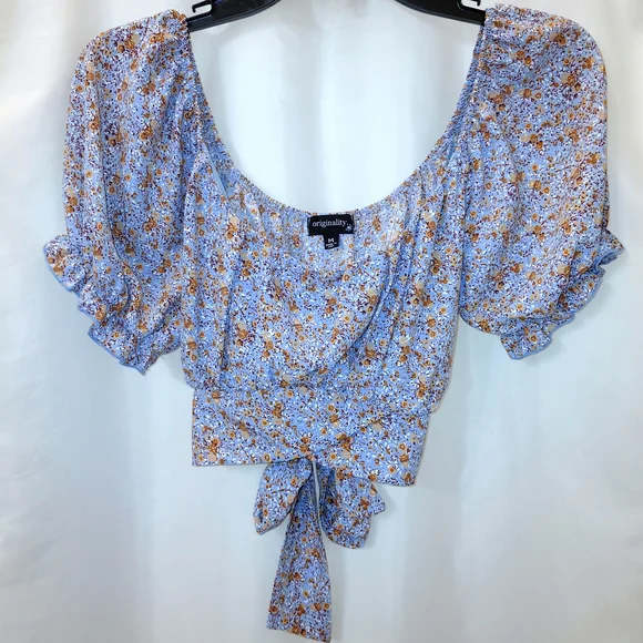 EUC Sz M Floral Tie-Back Puff Sleeve Crop Top Blue On Or Off Shoulder. Boho - Picture 2 of 10